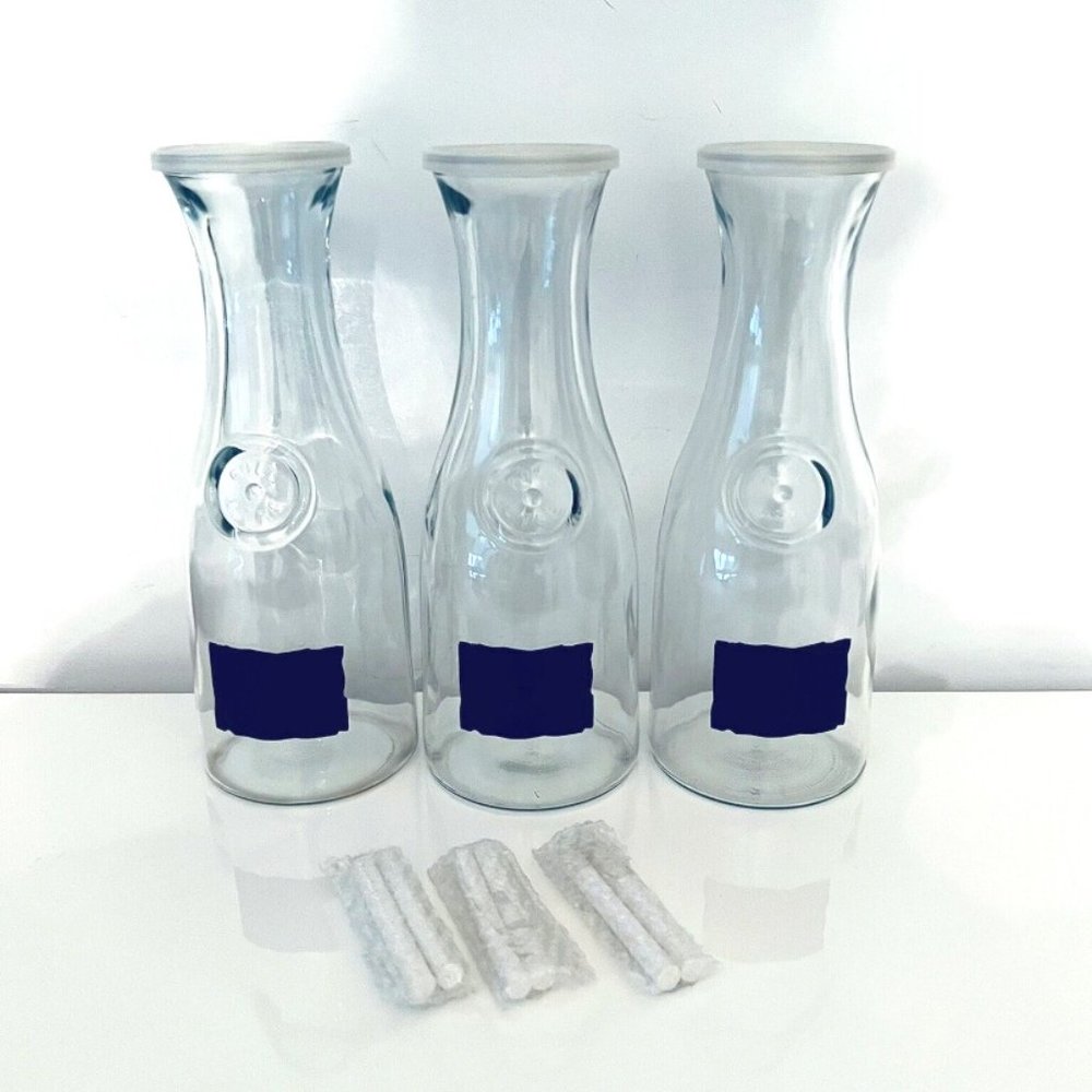 Lot of 3, New Crate & Barrel Glass Carafe with lid & chalk board label, 1 Liter